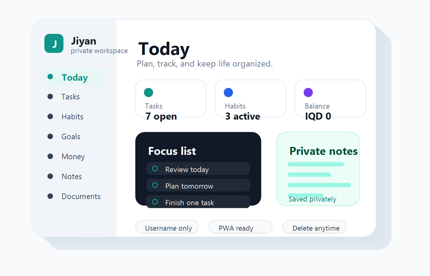 Preview of the Jiyan by Academy private life dashboard
